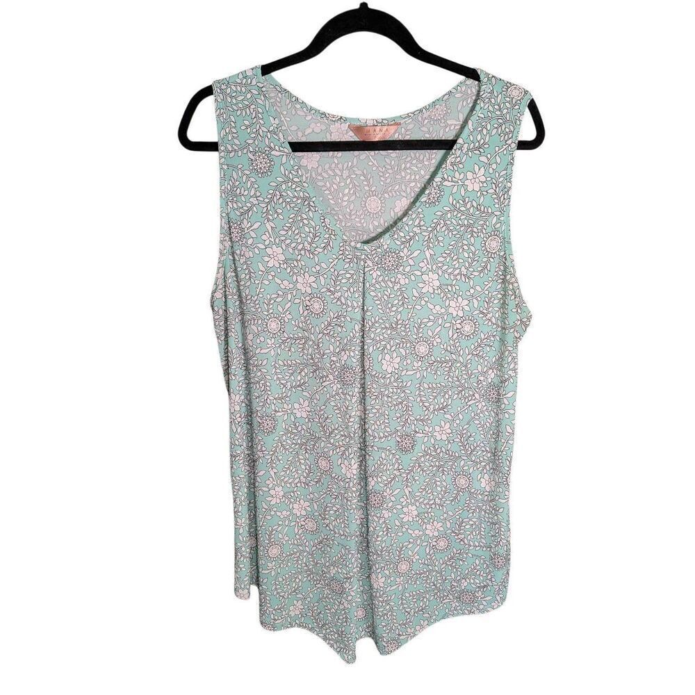 Amana Tunic Top Blue White Floral Sleeveless Stretch Women's  2 XL